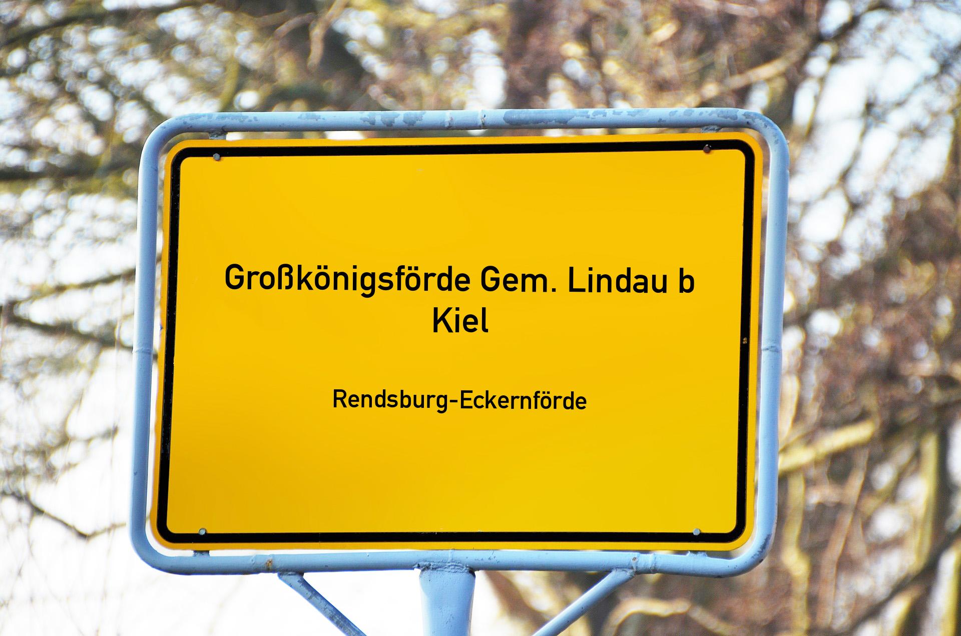 Ortsschild mit Aufschrift Großkönigsförde Gem. Lindau b Kiel