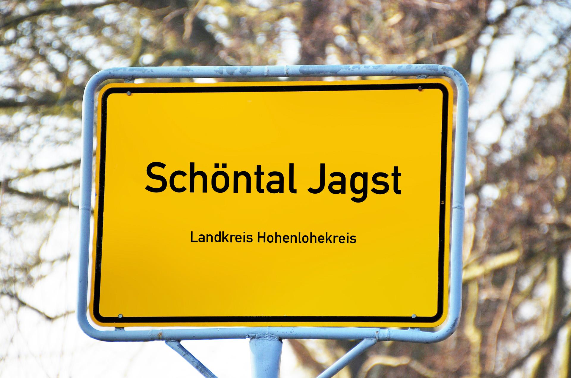 Ortsschild mit Aufschrift Schöntal Jagst
