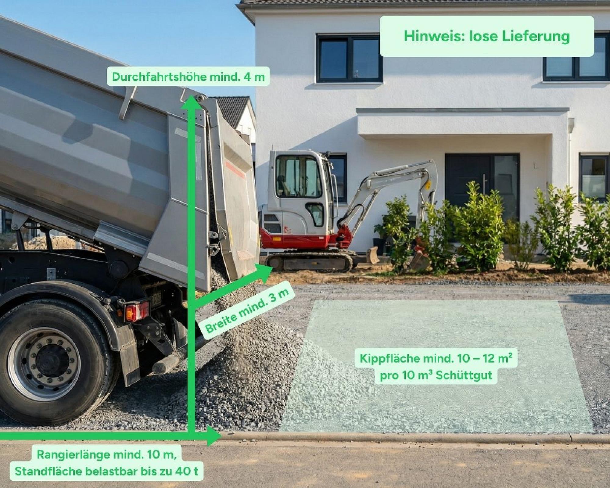 Abrollcontainer, geeignet für Spielsand-Entsorgung, steht vor einem Wohnhaus, im Hintergrund ein Bagger.