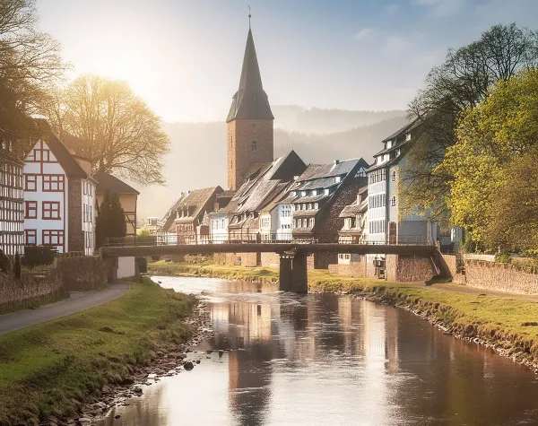 Idyllische Stadtansicht von Osterholz, Fachwerkhäuser und Kirchturm am Fluss, umgeben von Bäumen im Sonnenlicht.