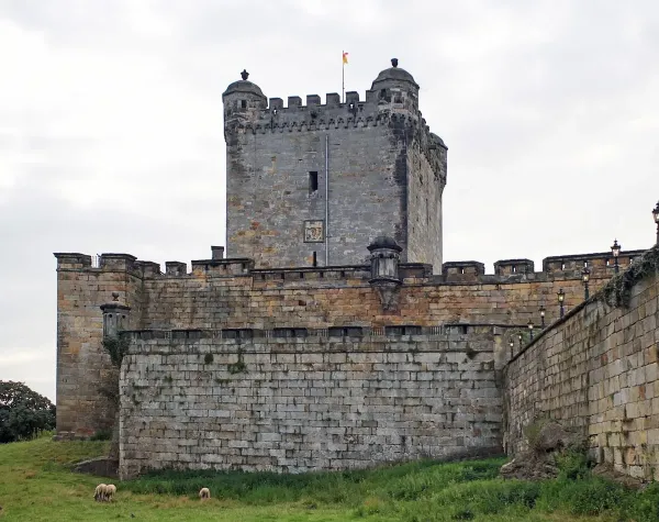 Burg Bentheim mit grüner Wiese und Schafen im Vordergrund unter bewölktem Himmel.
