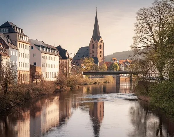 Historische Stadtansicht von Vechta, Deutschland, ohne Fluss, mit alten Gebäuden und Kirche im Hintergrund.