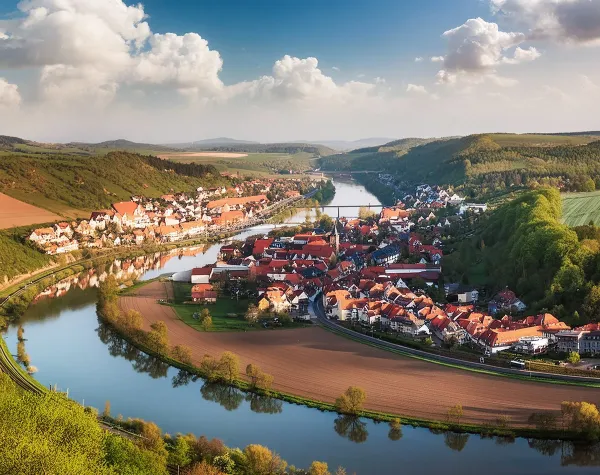 Wesermarsch-Stadtansicht mit roten Dächern und grüner Landschaft unter blauem Himmel, umgeben von sanften Hügeln.