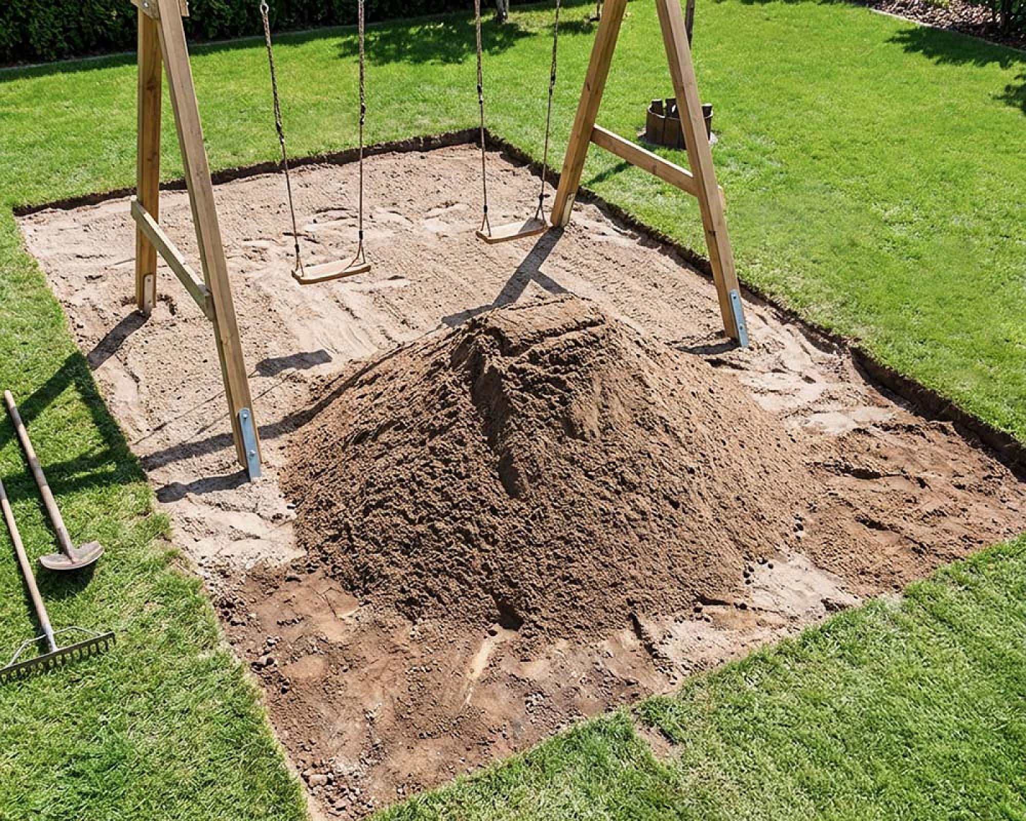 Haufen zertifizierten Spielsands neben Spielgerüst im Garten auf Rasenfläche.