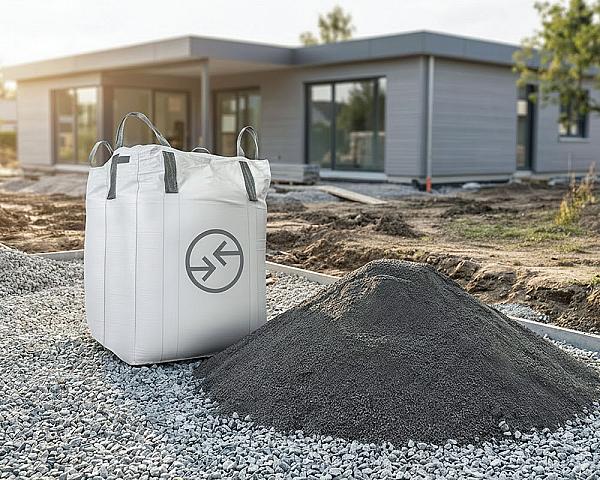Bigbag mit Lavasand der Marke Hellerwald auf Kiesboden vor modernem Gebäude.