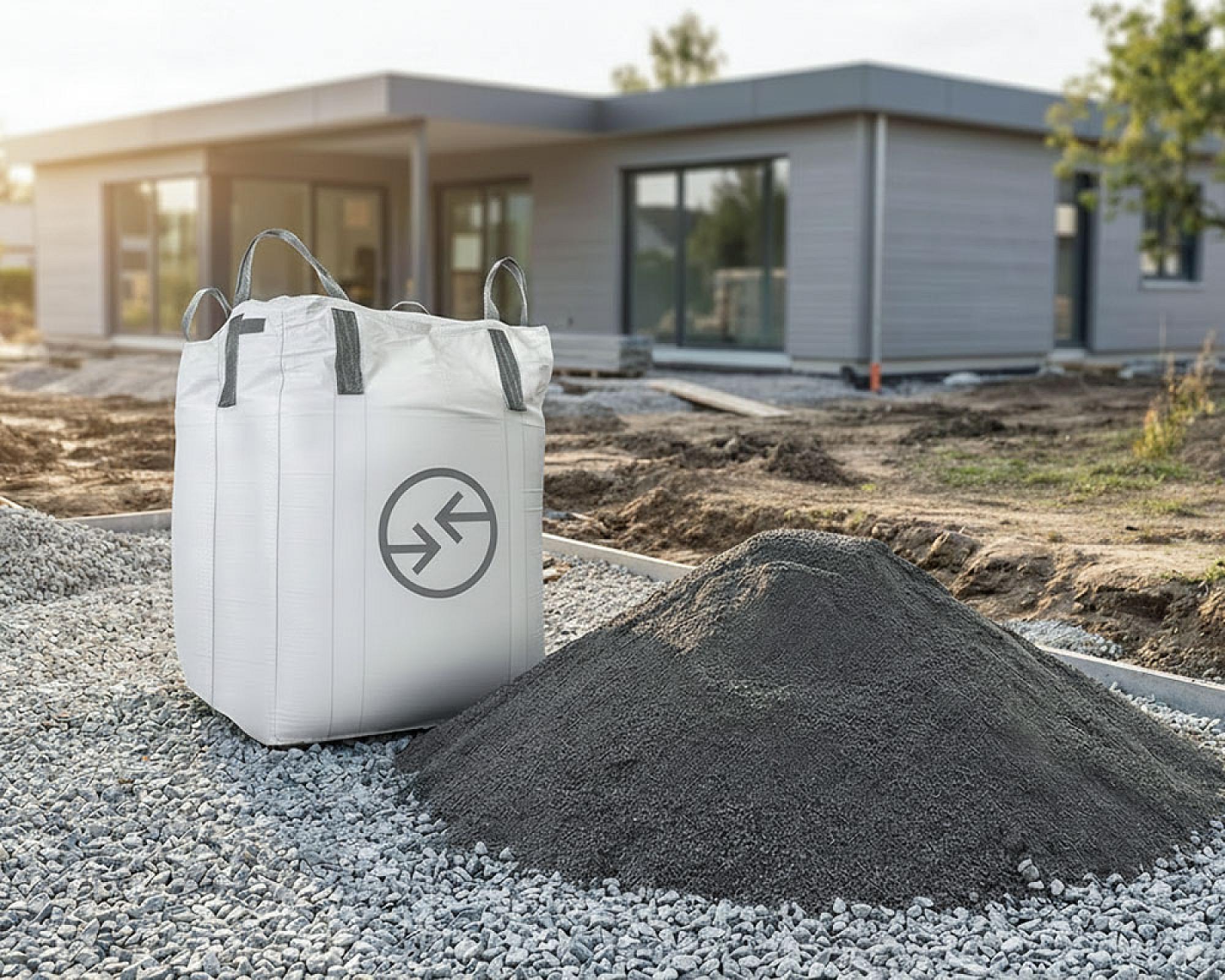 Bigbag mit Lavasand der Marke Hellerwald auf Kiesboden vor modernem Gebäude.
