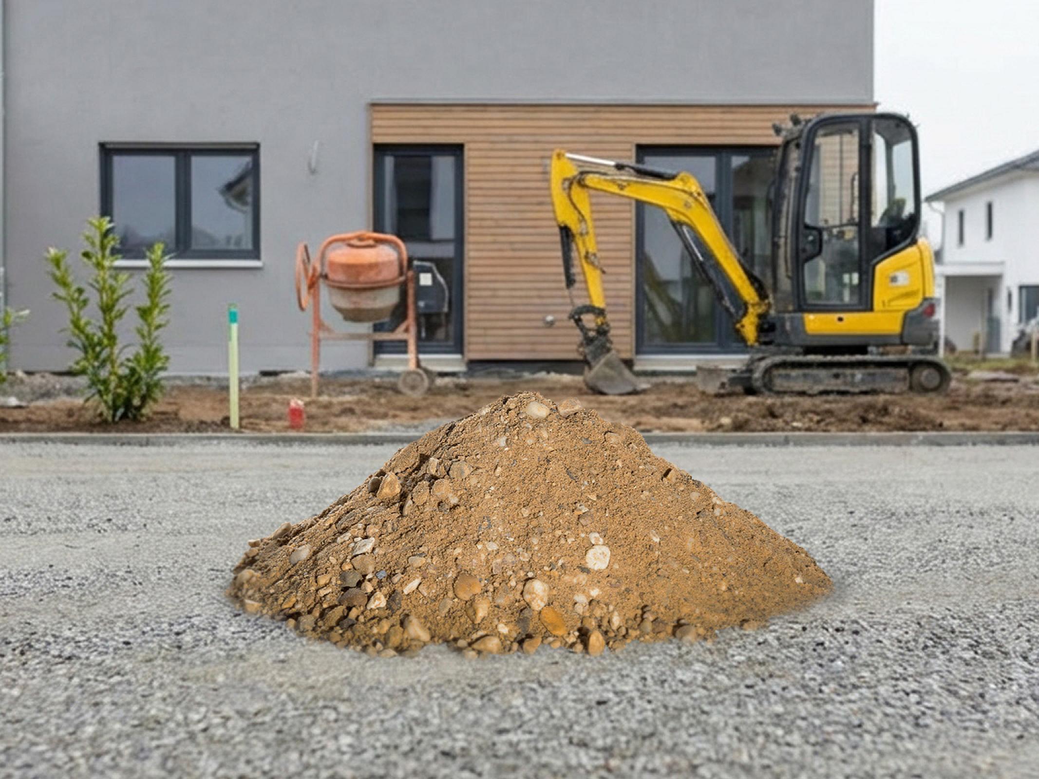 Ein Haufen Betonkies vor einer Baustelle mit Bagger und Zementmischer im Hintergrund.