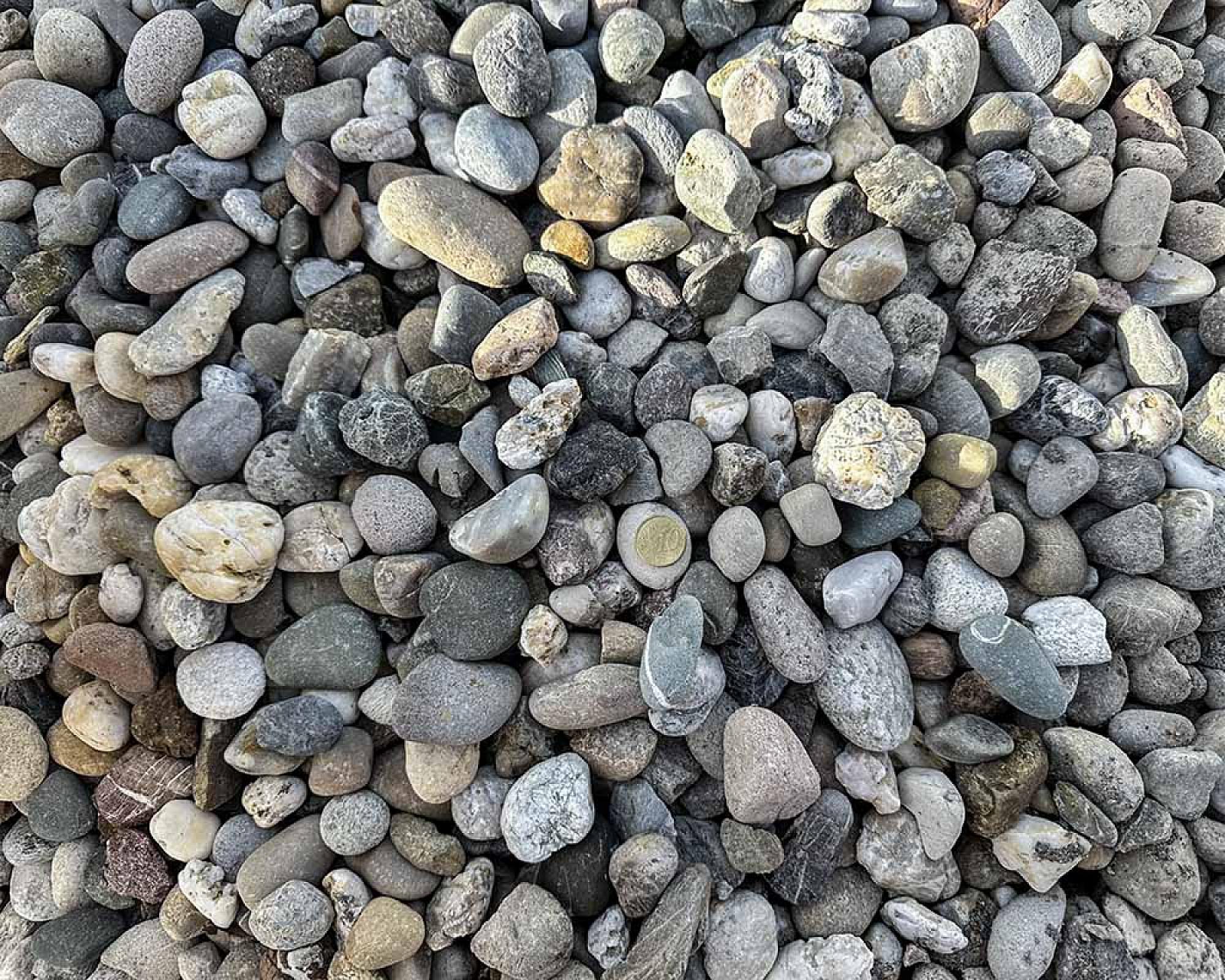 Graue und beigefarbene Kieselsteine in verschiedenen Größen.