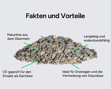 Hellerwald Dachkies, Naturkies aus dem Oberrhein, langlebig, ideal für Drainagen und Dachbeläge, CE-geprüft.