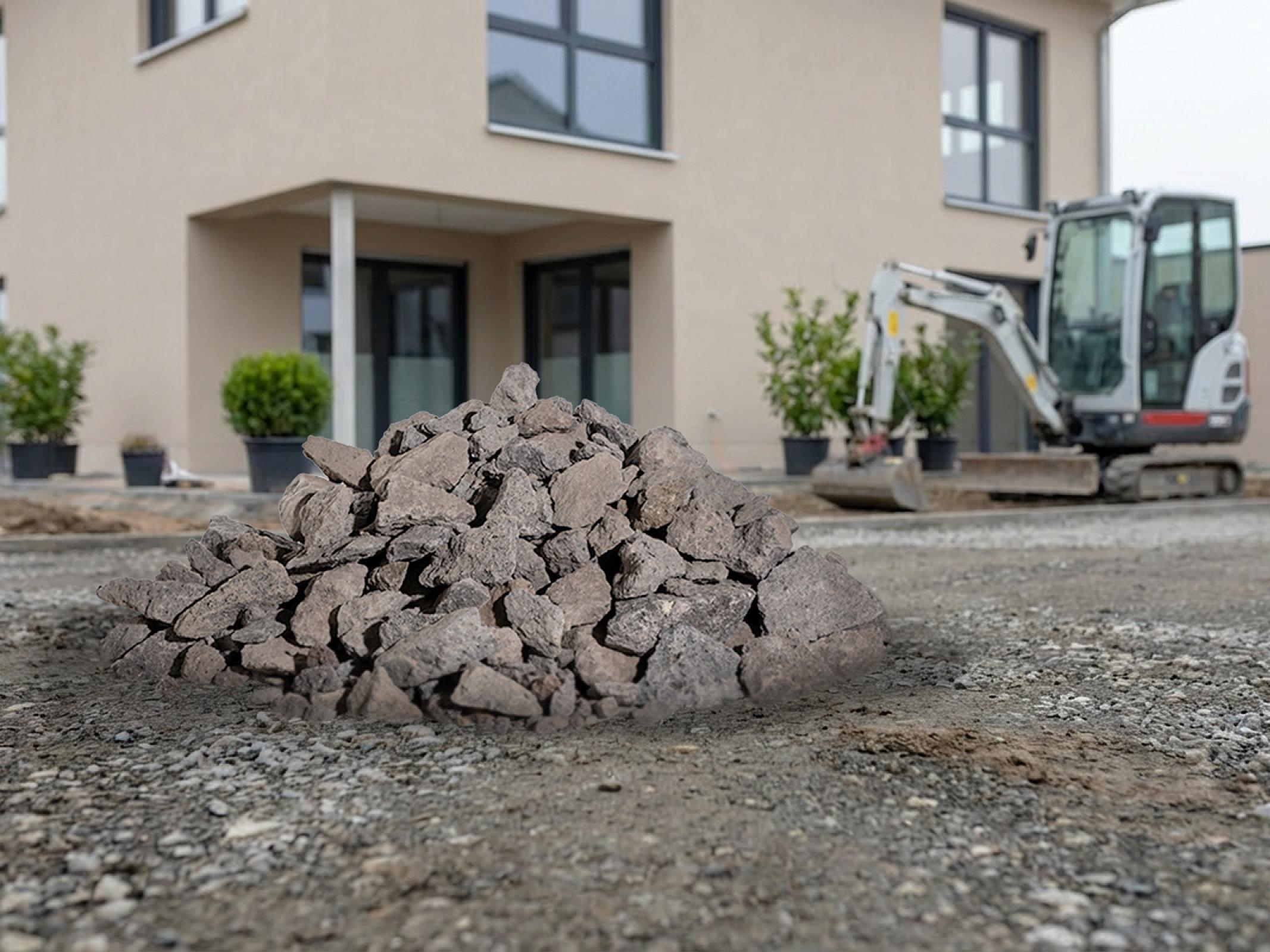 Haufen aus Lavadrän / Lavaschotter vor einem modernen Haus mit kleinem Bagger im Hintergrund.