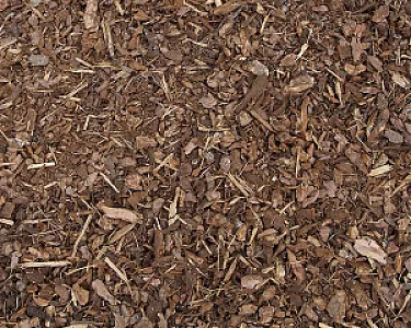 Grobe, braune Rindenmulch-Schicht von Hellerwald für Gartenanwendungen.