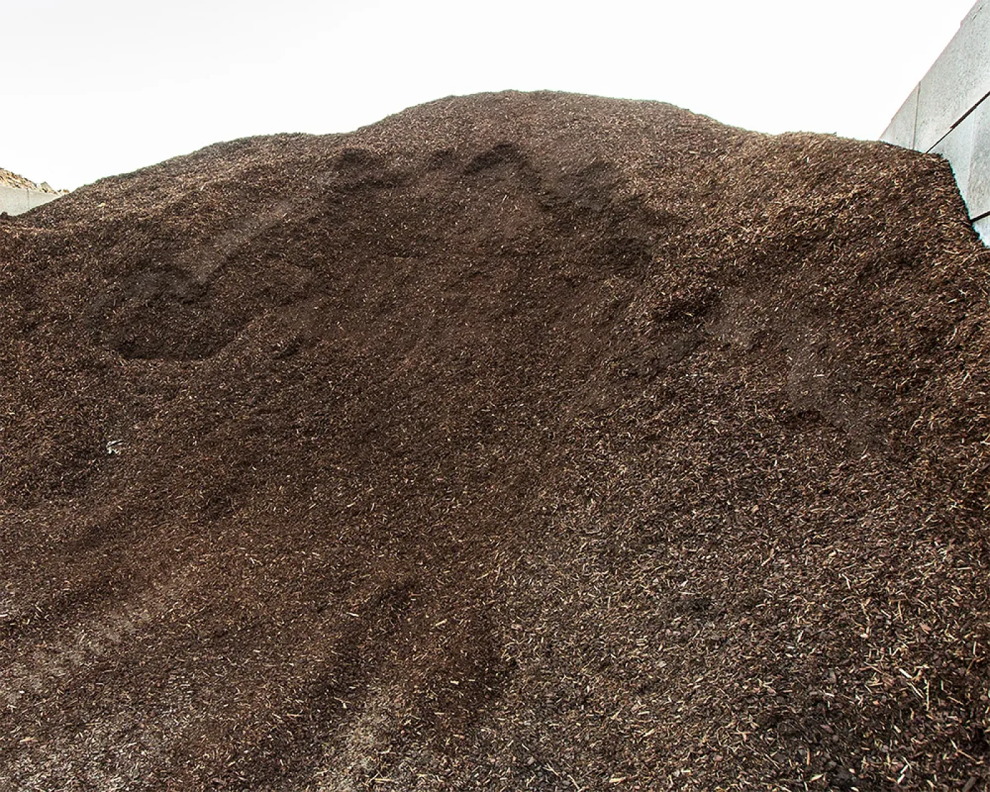 Ein großer Haufen feiner, brauner Rindenmulch auf Erde vor einer hellen Wand.