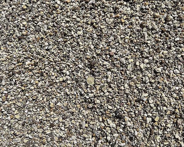 Gewaschener Rheinkies, bunte runde Kieselsteine in Größen von 2-8 mm, mit einer Münze als Größenvergleich.