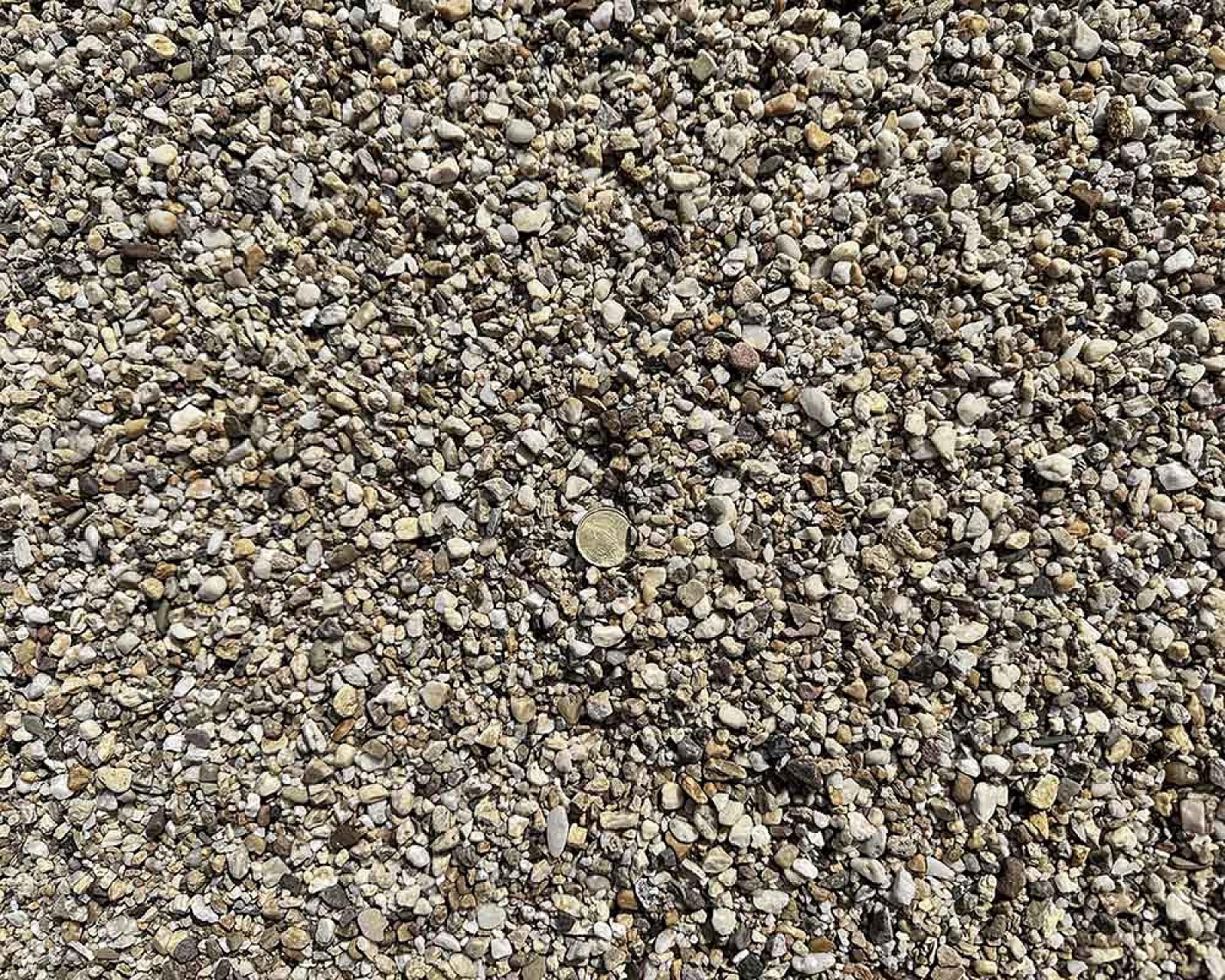 Gewaschener Rheinkies, bunte runde Kieselsteine in Größen von 2-8 mm, mit einer Münze als Größenvergleich.
