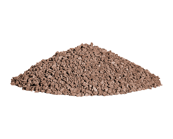 Rot-brauner Lavamulch in Kegelform auf weißem Hintergrund, Marke Florikomp Erden & Substrate.