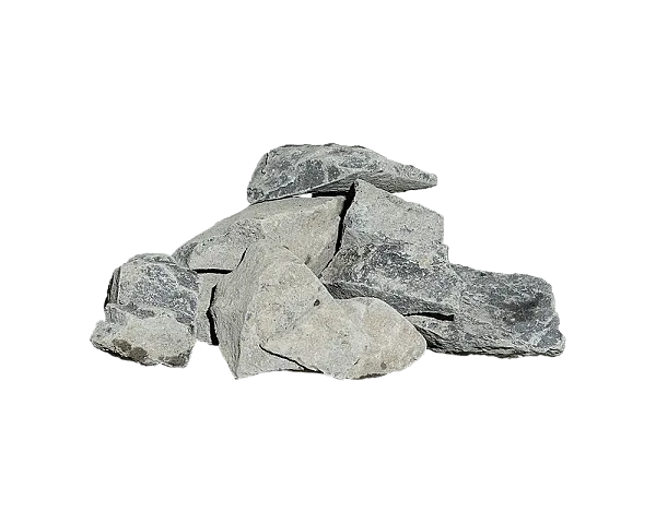 Graue Basaltsplitt-Steine der Größe 32-56 mm auf weißem Hintergrund, Produkt von Florikomp.