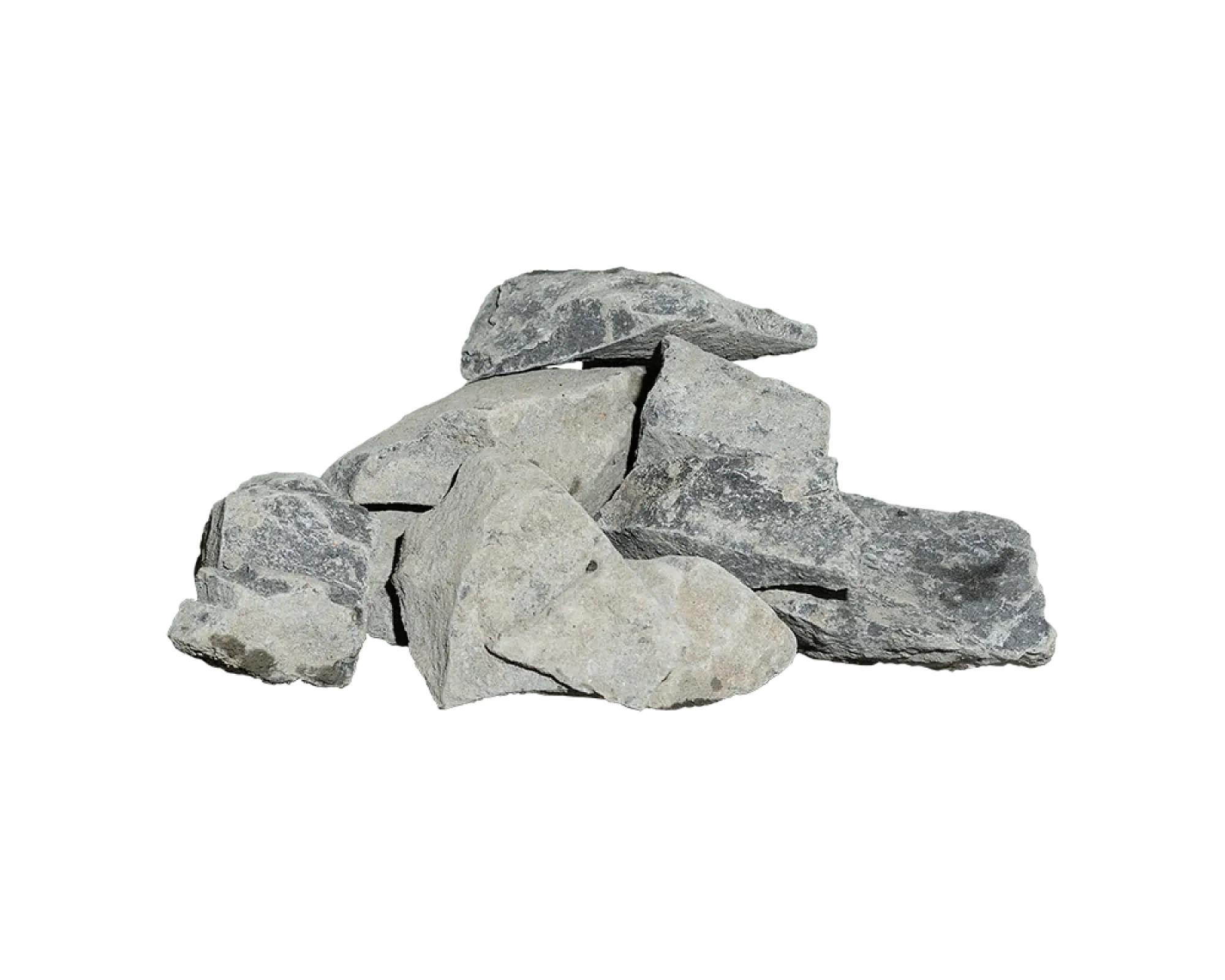 Graue Basaltsplitt-Steine der Größe 32-56 mm auf weißem Hintergrund, Produkt von Florikomp.