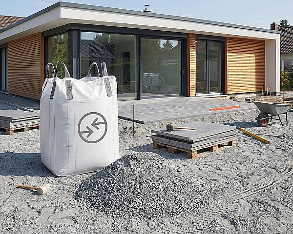 Bigbag mit Brechsand auf einer Baustelle vor einem modernen Haus.