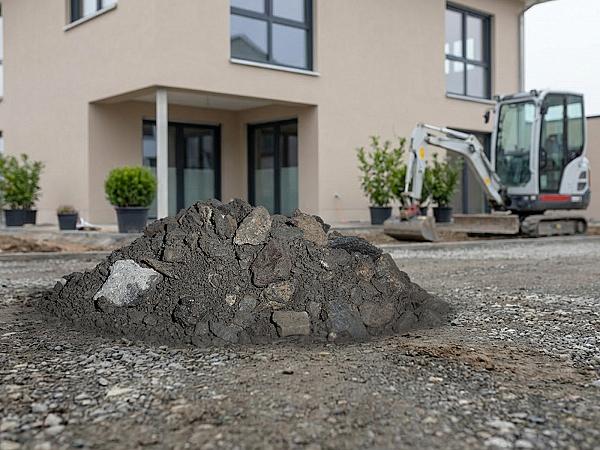 Naturschotterhaufen vor einem Wohngebäude, im Hintergrund ein Minibagger.