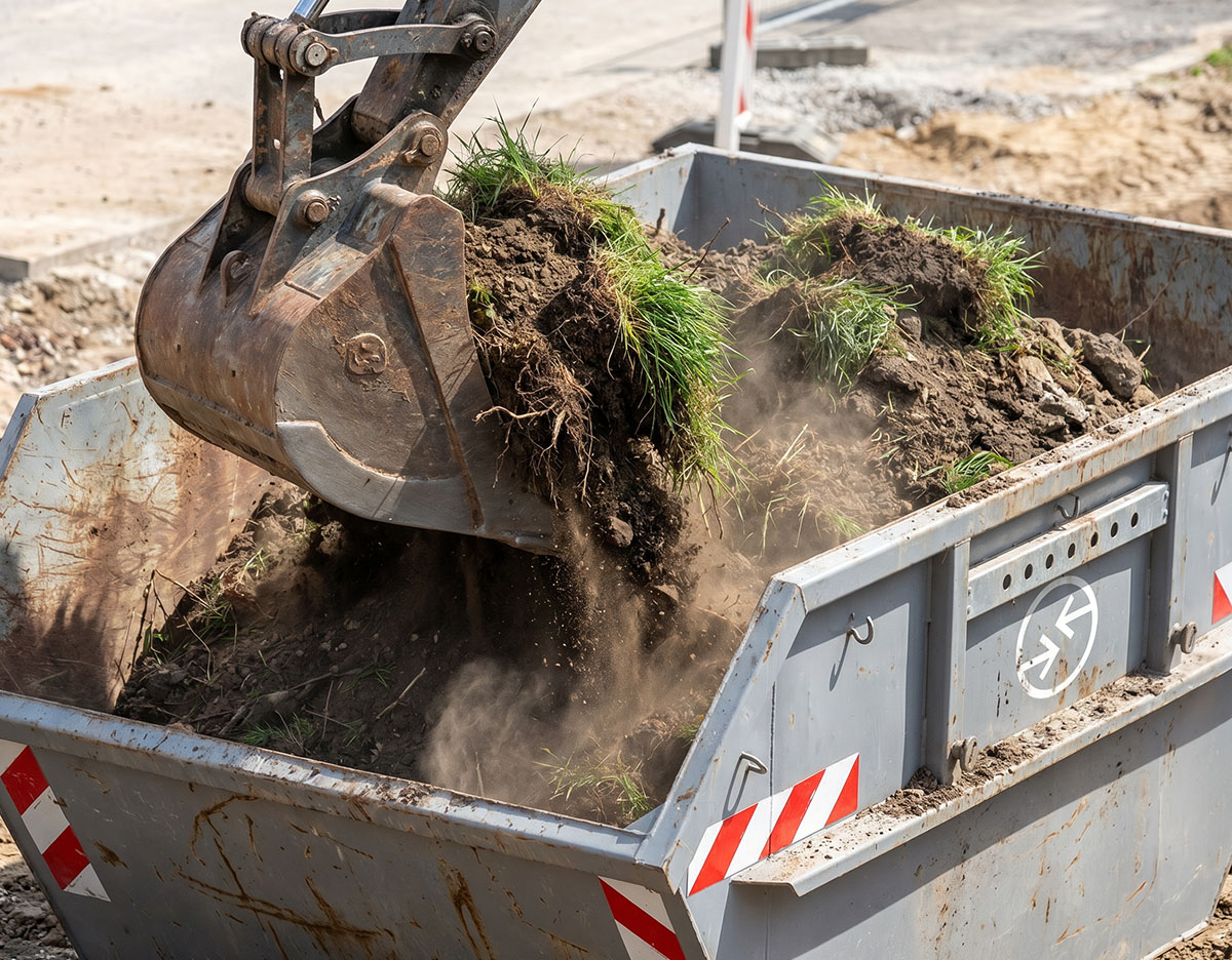 Bagger hebt Erde mit Grasnarbe in Abfall-Container auf Baustelle.