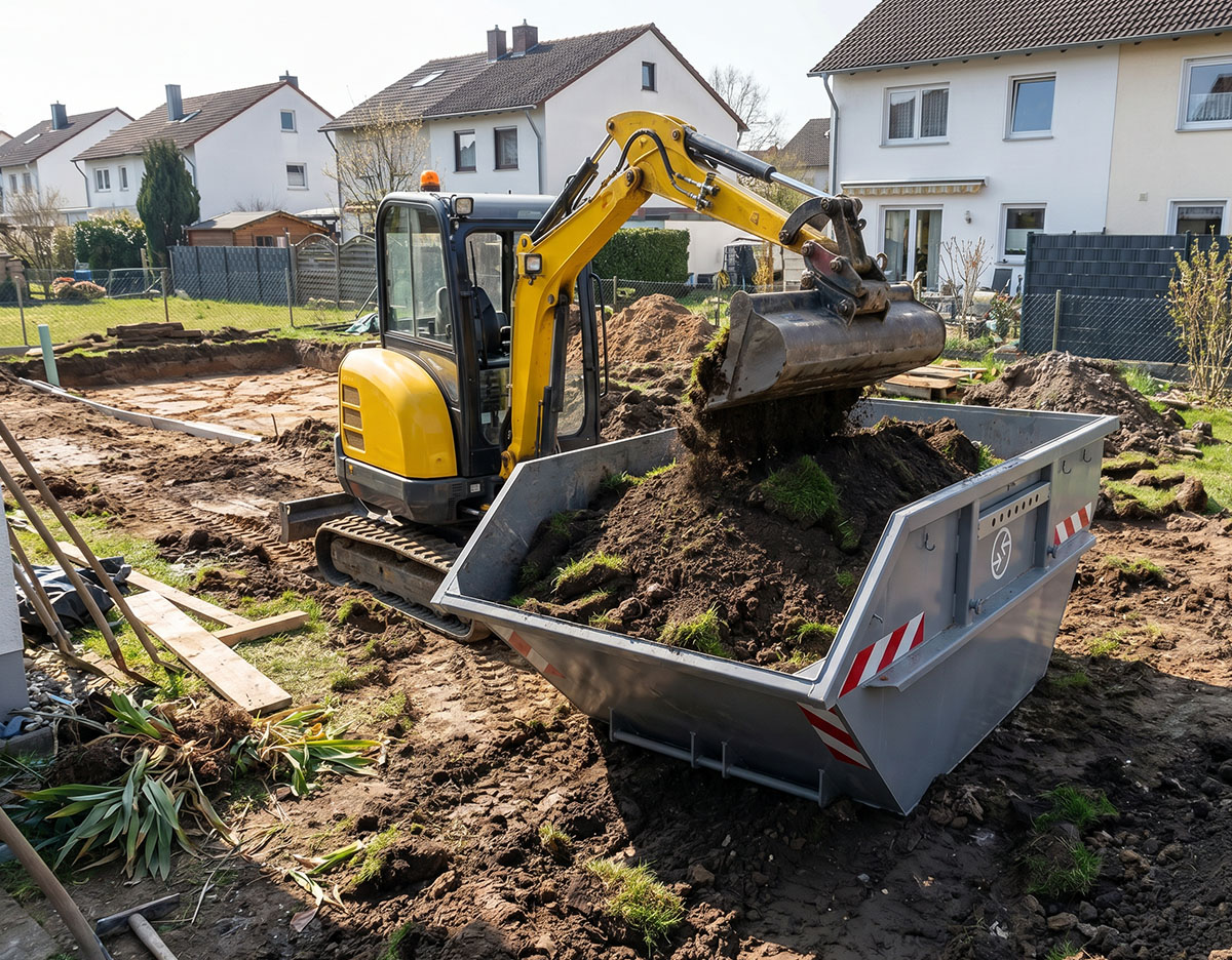Bagger lädt Grasnarbe in mittelgroßen Container, Gartenumgebung mit Häusern im Hintergrund.
