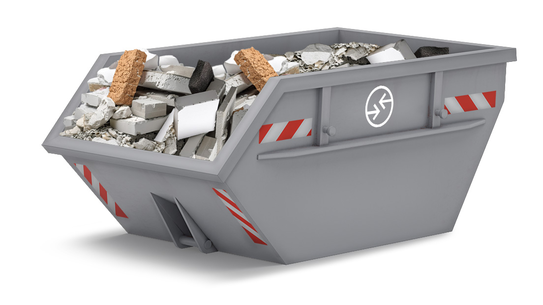Absetzcontainer mit Leichtbaustoffen, voll mit Ziegeln und Dämmmaterialien.