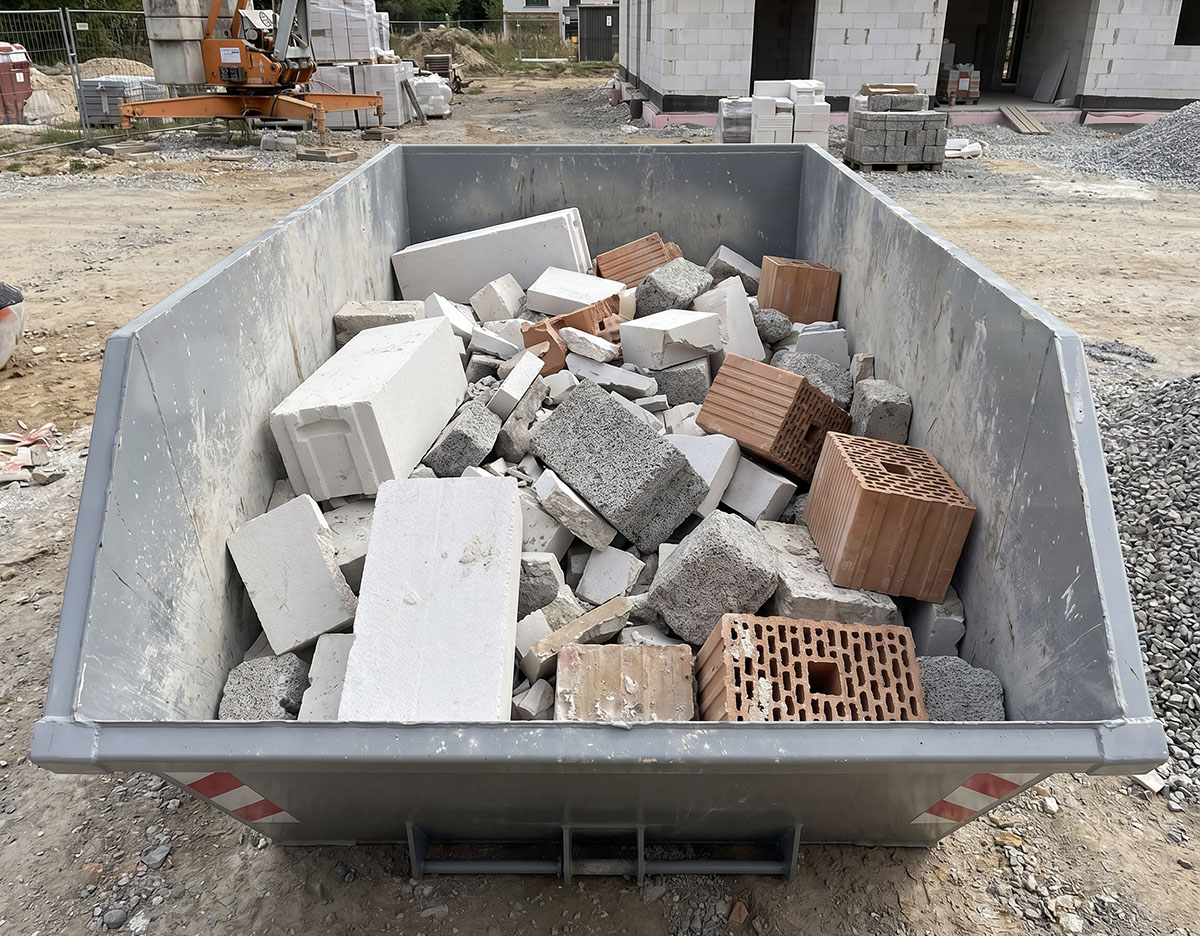 Offener Container mit verschiedenen Leichtbaustoffen und Ziegeln auf Baustelle.