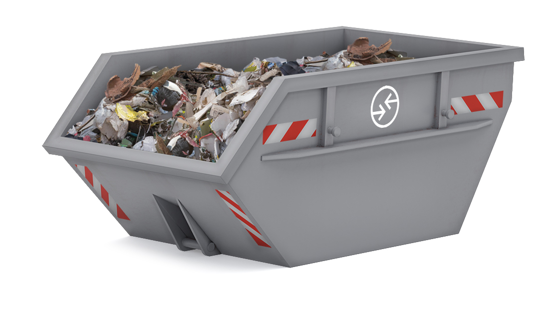 5 m³ Absetzcontainer mit leichtem Baumischabfall gefüllt, seitlich sichtbar, graue Farbe mit roten Streifen.