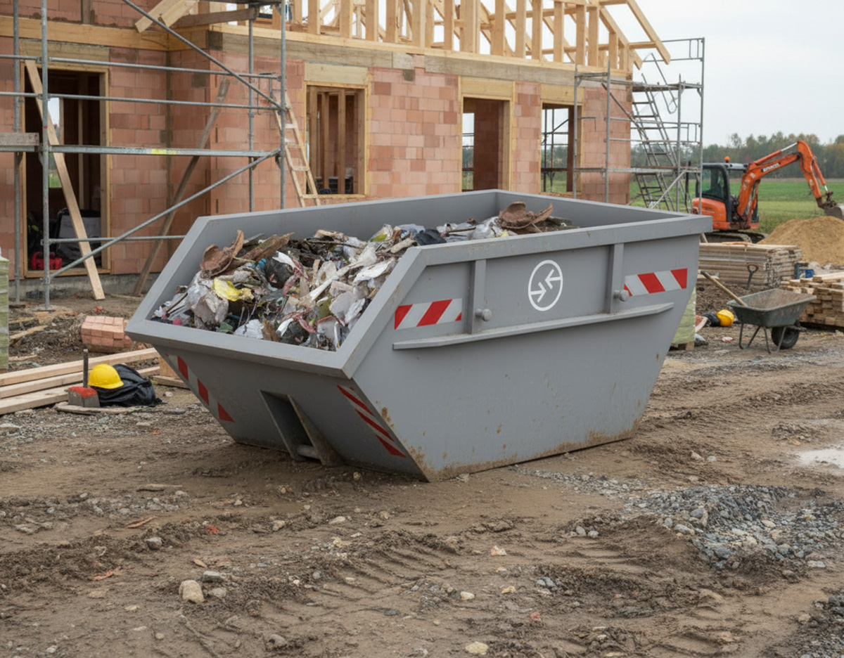 Leichter Baumischabfall-Container auf Baustelle vor halbfertigem Gebäude.