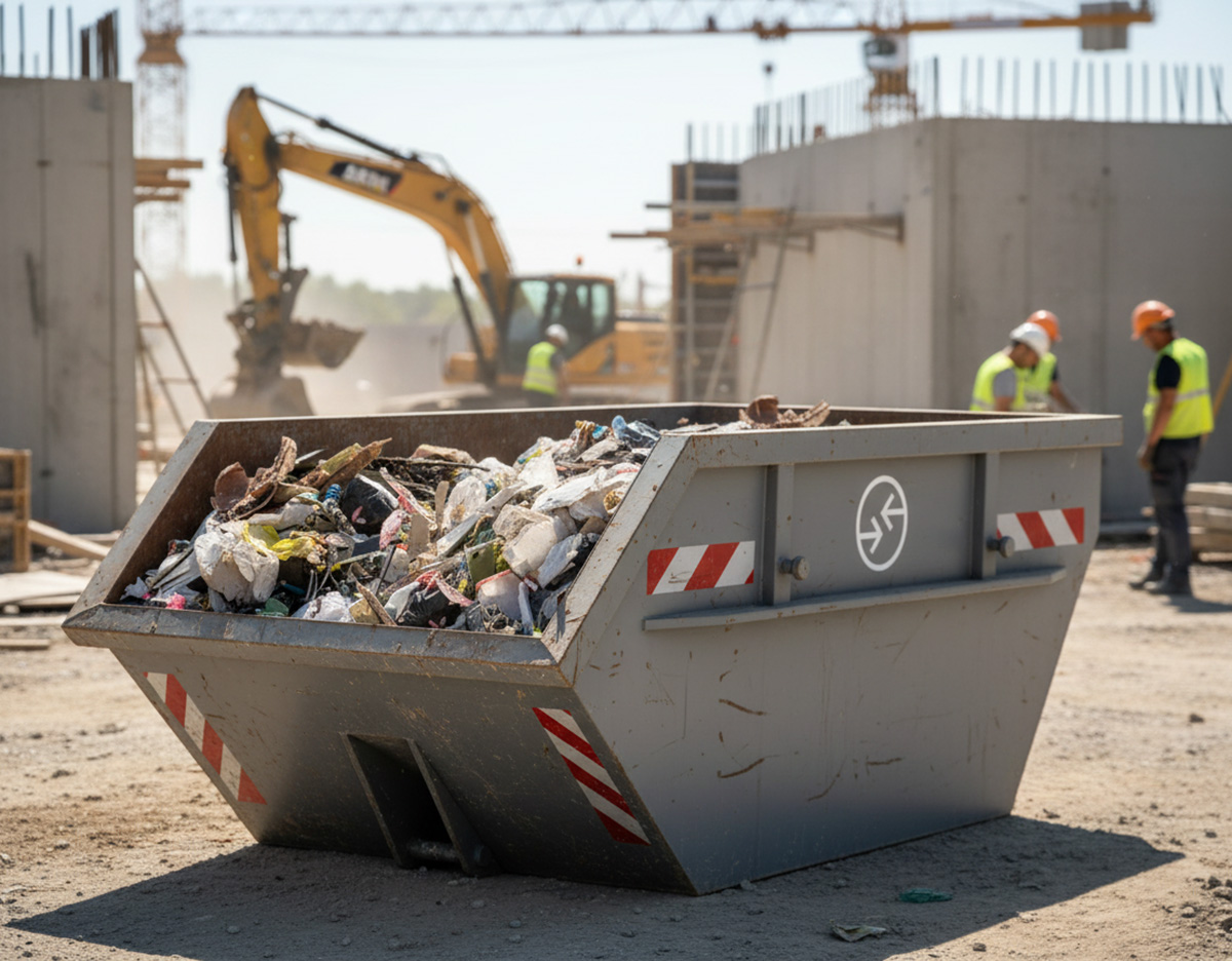 Leichter Baumischabfall-Container auf Baustelle mit Bauarbeitern und Bagger im Hintergrund.