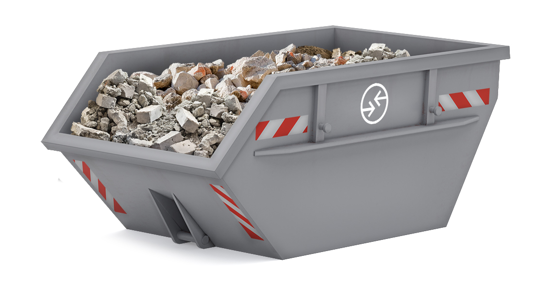 Absetzcontainer 5m³ mit gemischtem Bauschutt, grauer Korpus mit rotem Streifenmuster.