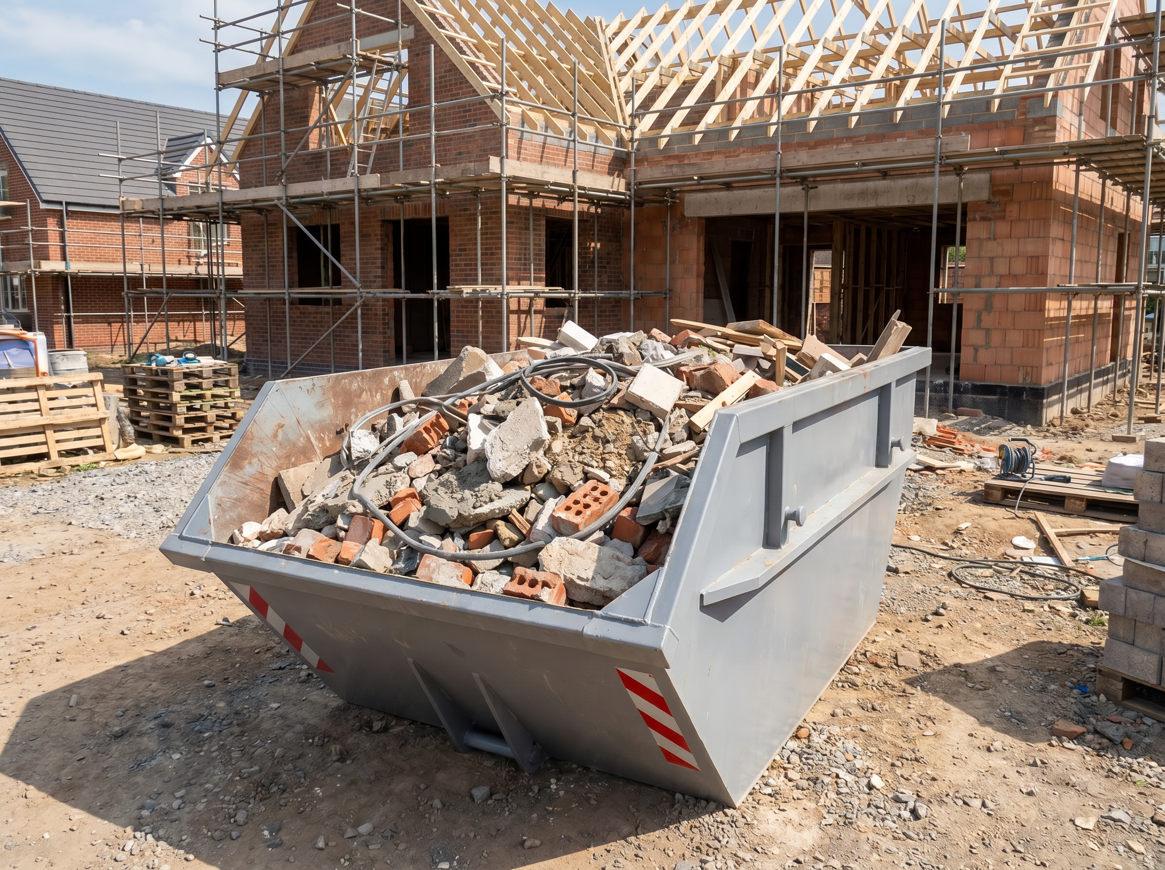 Container mit gemischten Bauabfällen, wie Ziegel und Metall, auf Baustelle vor Neubauten.