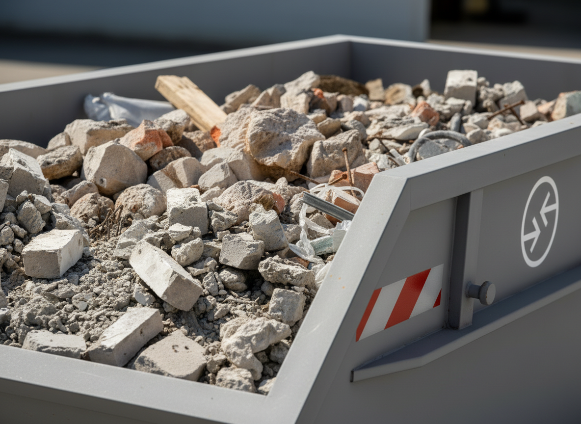 Container mit gemischtem Bauabfall, gefüllt mit Ziegeln, Betonbrocken und Holzresten auf einer Baustelle.