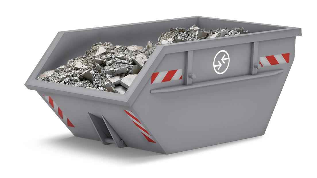 Absetzcontainer mit Betonbruch gefüllt, mittelgroß, graue Farbe, rote Streifen.