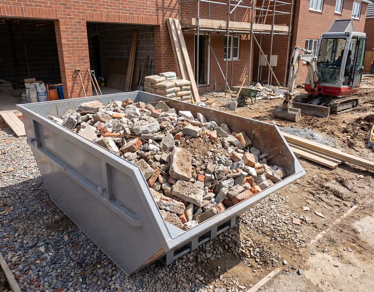 Großer Beton-Container voller Bauschutt auf Baustelle, umgeben von Ziegelgebäuden und Baumaterial.