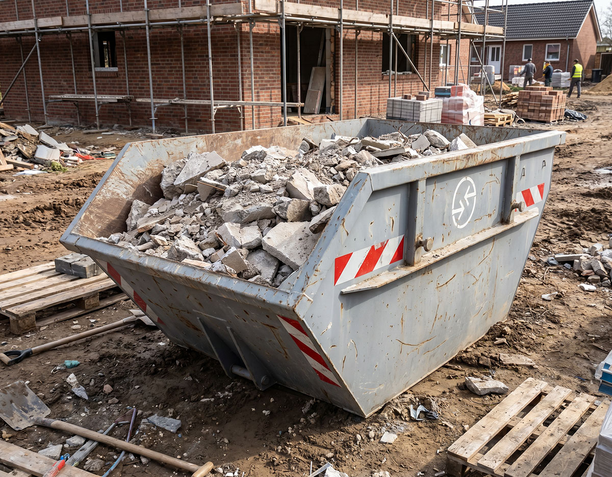 Großer Betoncontainer auf Baustelle, gefüllt mit zerbrochenem Beton, im Hintergrund im Bau befindliche Ziegelgebäude.
