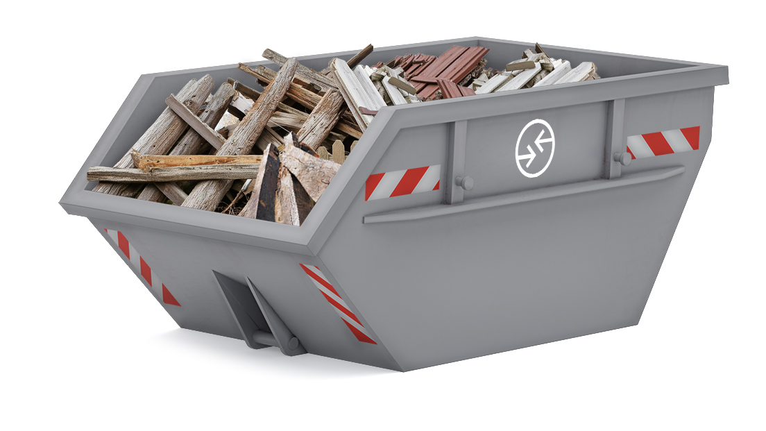 Absetzcontainer mit Altholz, 5 m³ Kapazität, für Entsorgung von Bau- und Abbruchmaterialien, graue Farbe mit rotem Streifen.