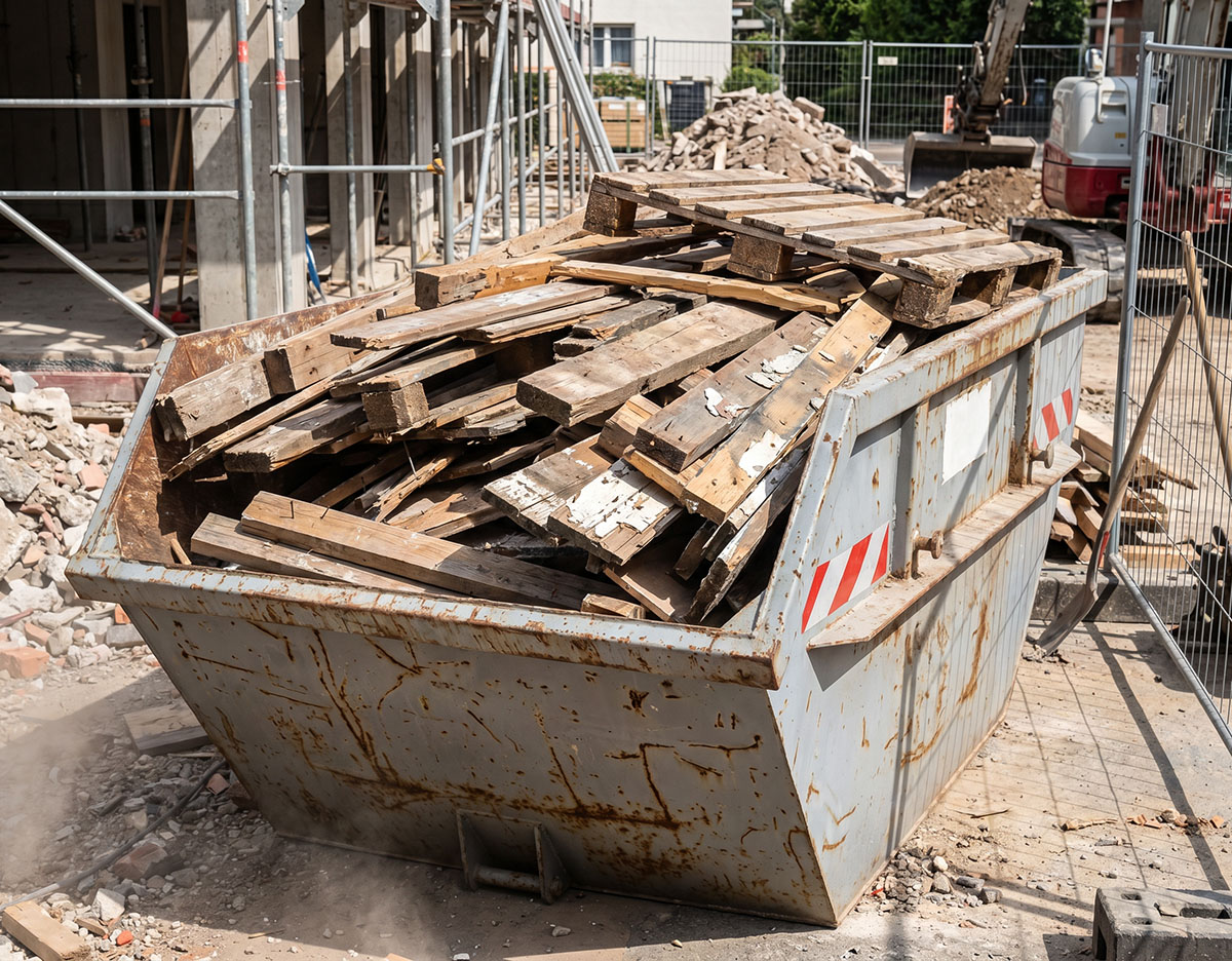 Großer Altholz-Container auf Baustelle, gefüllt mit Holzpaletten.