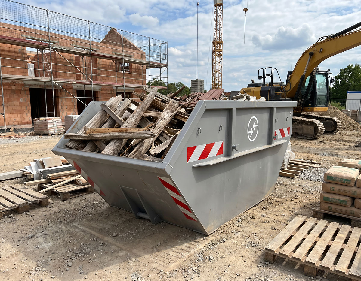 Altholzcontainer A4 auf Baustelle mit Holzabfällen, umgeben von Paletten und Baumaschinen.