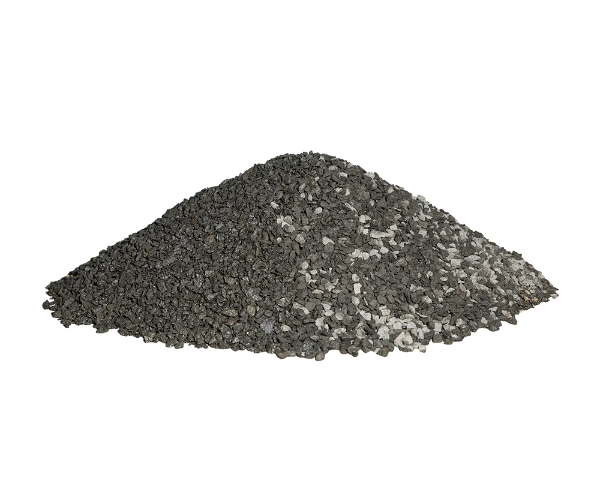 Ein Haufen grauer Basaltsplitt in der Größe 2-5 mm auf weißem Hintergrund.