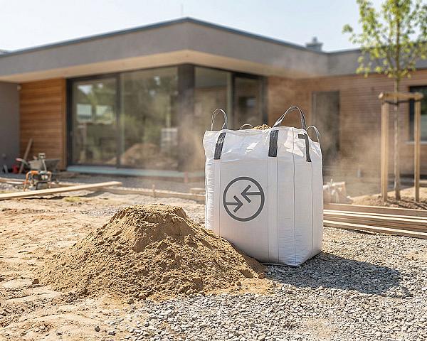 Großer Sack mit Rheinsand vor einem modernen Gebäude auf Kiesboden.