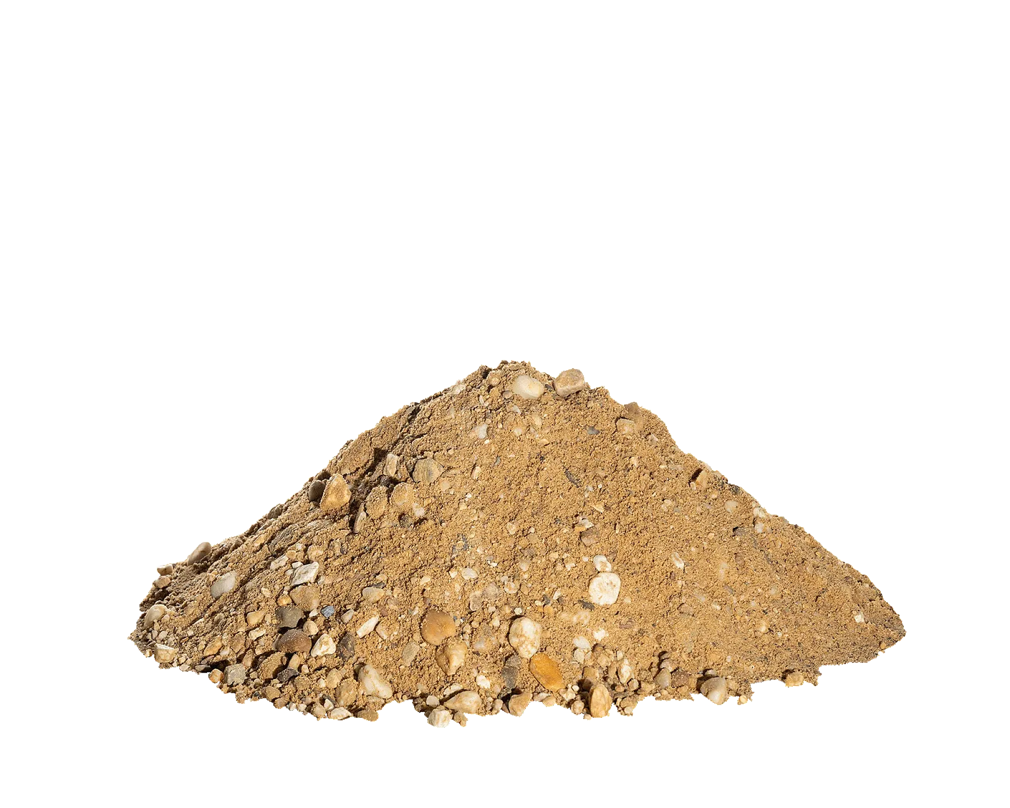 Ein Haufen gemischter Betonkies 00/16 auf weißem Hintergrund, von Naturstein + Recycling Winfried Beiler GmbH.