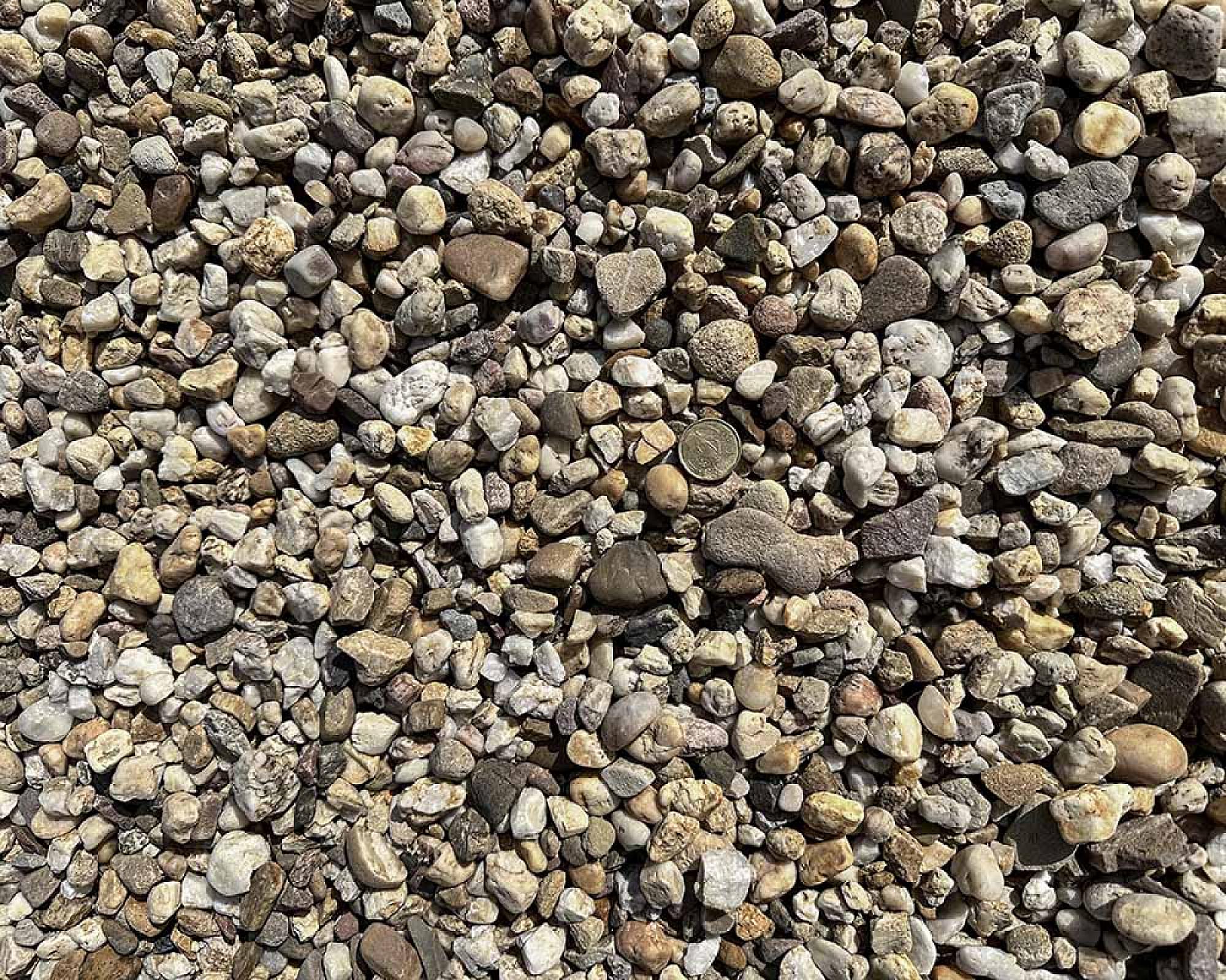 Gewaschene Rheinkies-Steine in verschiedenen Erdtönen, unifarben und gleichmäßig verteilt.