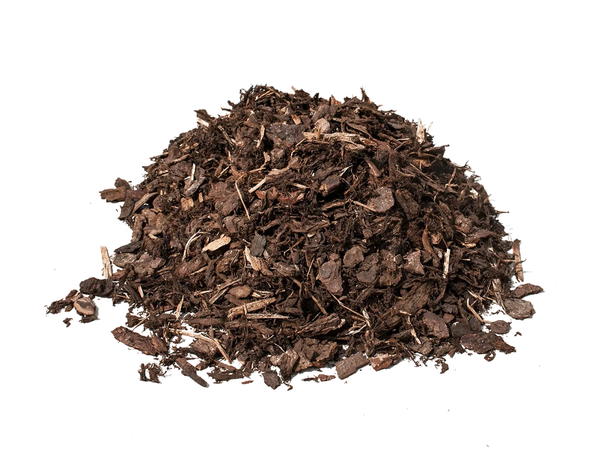 Grobe Rindenmulch-Stücke, 0-40 mm, von Naturstein + Recycling Winfried Beiler GmbH auf weißem Hintergrund.