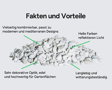 Ein Haufen Marmor-Splitt mit Beschriftungen zu Vorteilen wie Vielseitigkeit, Lichtreflexion und Wetterbeständigkeit.