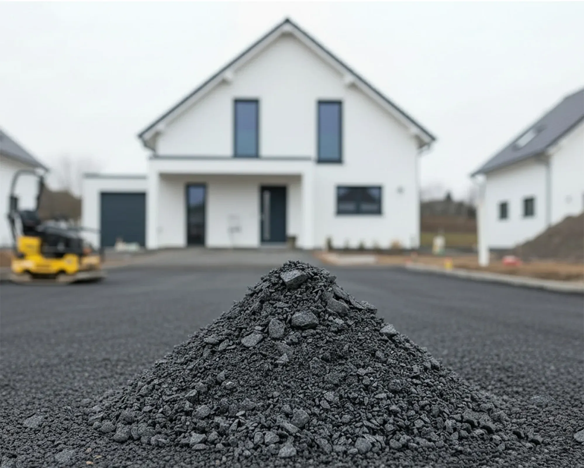 Haufen aus schwarzem Basaltschotter auf neu gepflasterter Einfahrt vor einem modernen weißen Einfamilienhaus.