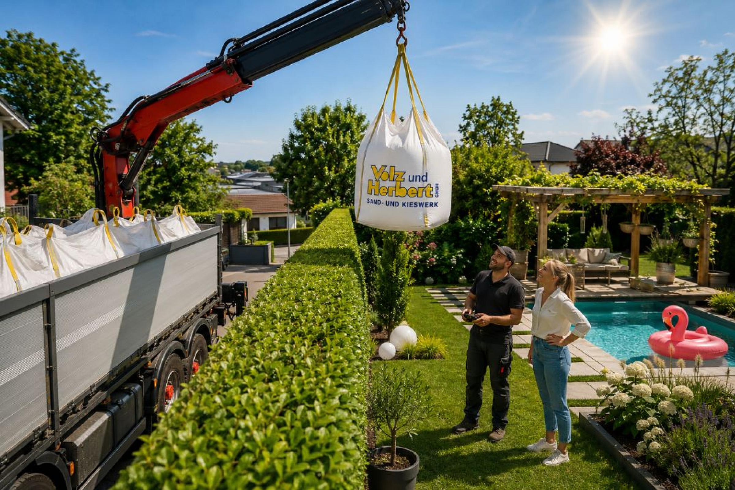 Kran hebt BigBag mit Volz und Herbert Aufschrift in einen Garten mit Pool.