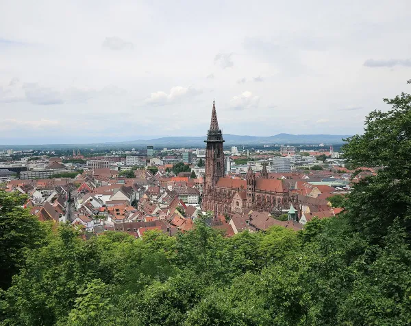 Panoramablick auf eine Stadt im Breisgau-Hochschwarzwald mit markantem Kirchturm und umliegenden Hügeln.