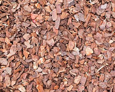 Feiner Kiefernmulch in Nahaufnahme, gleichmäßig verteilt, rötlich-braune Farbe.
