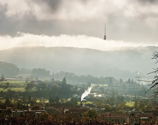 Herbstliche Landschaft des Landkreises Lörrach mit Nebel und Fernmeldeturm im Hintergrund.